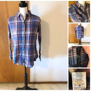Blue Red Plaid LS Button Down Shirt Crinkle Fabric